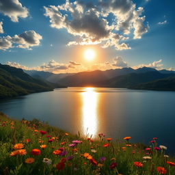 A vast, serene landscape featuring a tranquil lake surrounded by lush greenery and distant mountains under a bright blue sky with fluffy white clouds