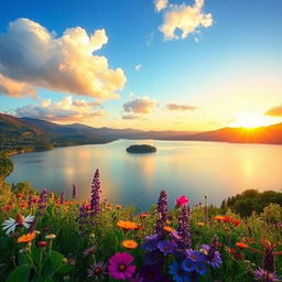A vast, serene landscape featuring a tranquil lake surrounded by lush greenery and distant mountains under a bright blue sky with fluffy white clouds