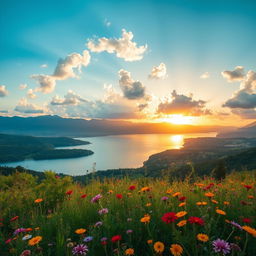 A vast, serene landscape featuring a tranquil lake surrounded by lush greenery and distant mountains under a bright blue sky with fluffy white clouds