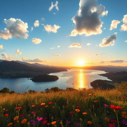 A vast, serene landscape featuring a tranquil lake surrounded by lush greenery and distant mountains under a bright blue sky with fluffy white clouds
