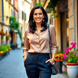 A 38-year-old woman with dark hair and distinct Italian features, fully dressed in a sophisticated outfit