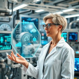 A futuristic process engineer in a high-tech laboratory surrounded by advanced machinery and innovative designs