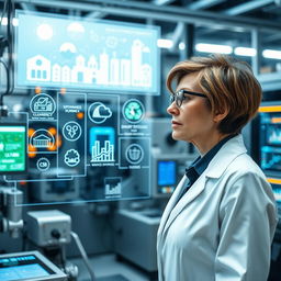 A futuristic process engineer in a high-tech laboratory surrounded by advanced machinery and innovative designs