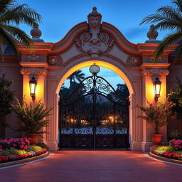 An elegant main gate of a luxurious home, featuring a beautifully designed archway adorned with intricate details