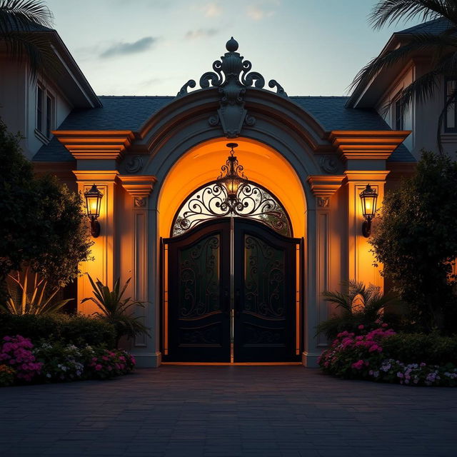 An elegant main gate of a luxurious home, featuring a beautifully designed archway adorned with intricate details