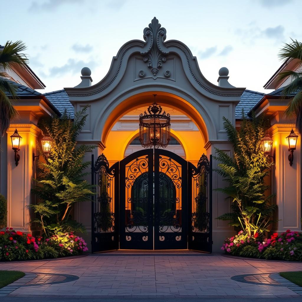 An elegant main gate of a luxurious home, featuring a beautifully designed archway adorned with intricate details