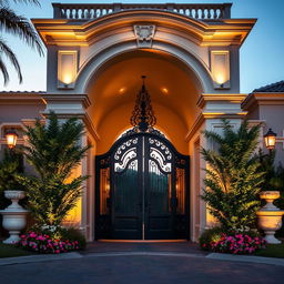 An elegant main gate of a luxurious home, featuring a beautifully designed archway adorned with intricate details