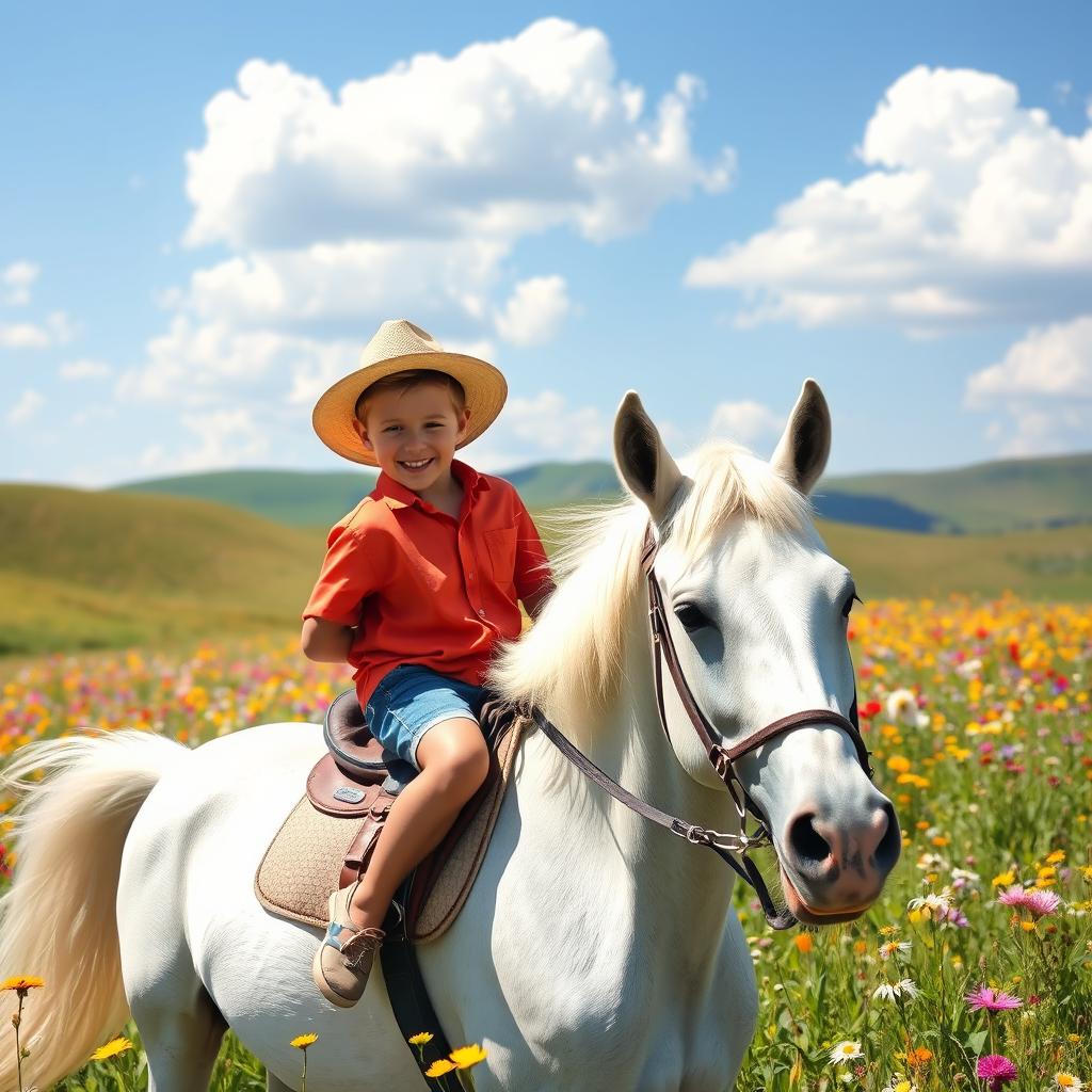 A young boy joyfully riding a beautiful white horse in a sunny meadow filled with colorful wildflowers