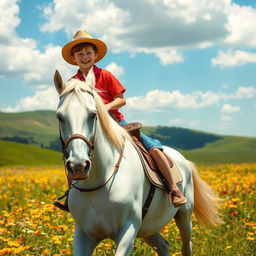 A young boy joyfully riding a beautiful white horse in a sunny meadow filled with colorful wildflowers