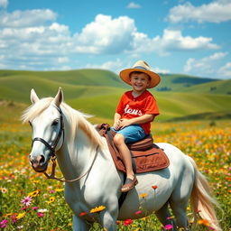 A young boy joyfully riding a beautiful white horse in a sunny meadow filled with colorful wildflowers