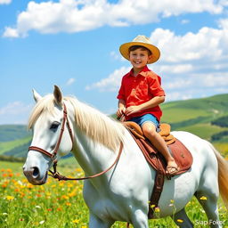 A young boy joyfully riding a beautiful white horse in a sunny meadow filled with colorful wildflowers