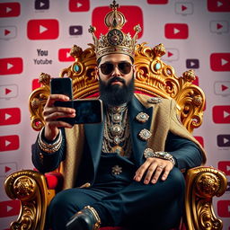 A charismatic content creator, a king figure, confidently sitting on a golden throne adorned with jewels, impressively dressed in a modern royal outfit with a trendy twist
