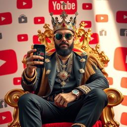 A charismatic content creator, a king figure, confidently sitting on a golden throne adorned with jewels, impressively dressed in a modern royal outfit with a trendy twist