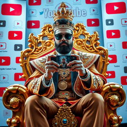 A charismatic content creator, a king figure, confidently sitting on a golden throne adorned with jewels, impressively dressed in a modern royal outfit with a trendy twist