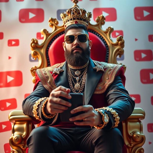 A charismatic content creator, a king figure, confidently sitting on a golden throne adorned with jewels, impressively dressed in a modern royal outfit with a trendy twist