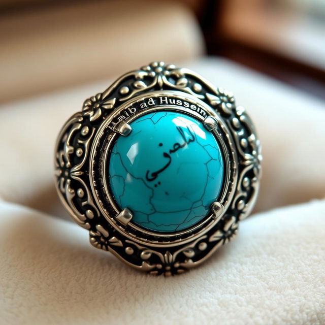 A beautifully crafted turquoise ring featuring intricate detailing and the engraved names 'Habib' and 'Hussein' in elegant calligraphy