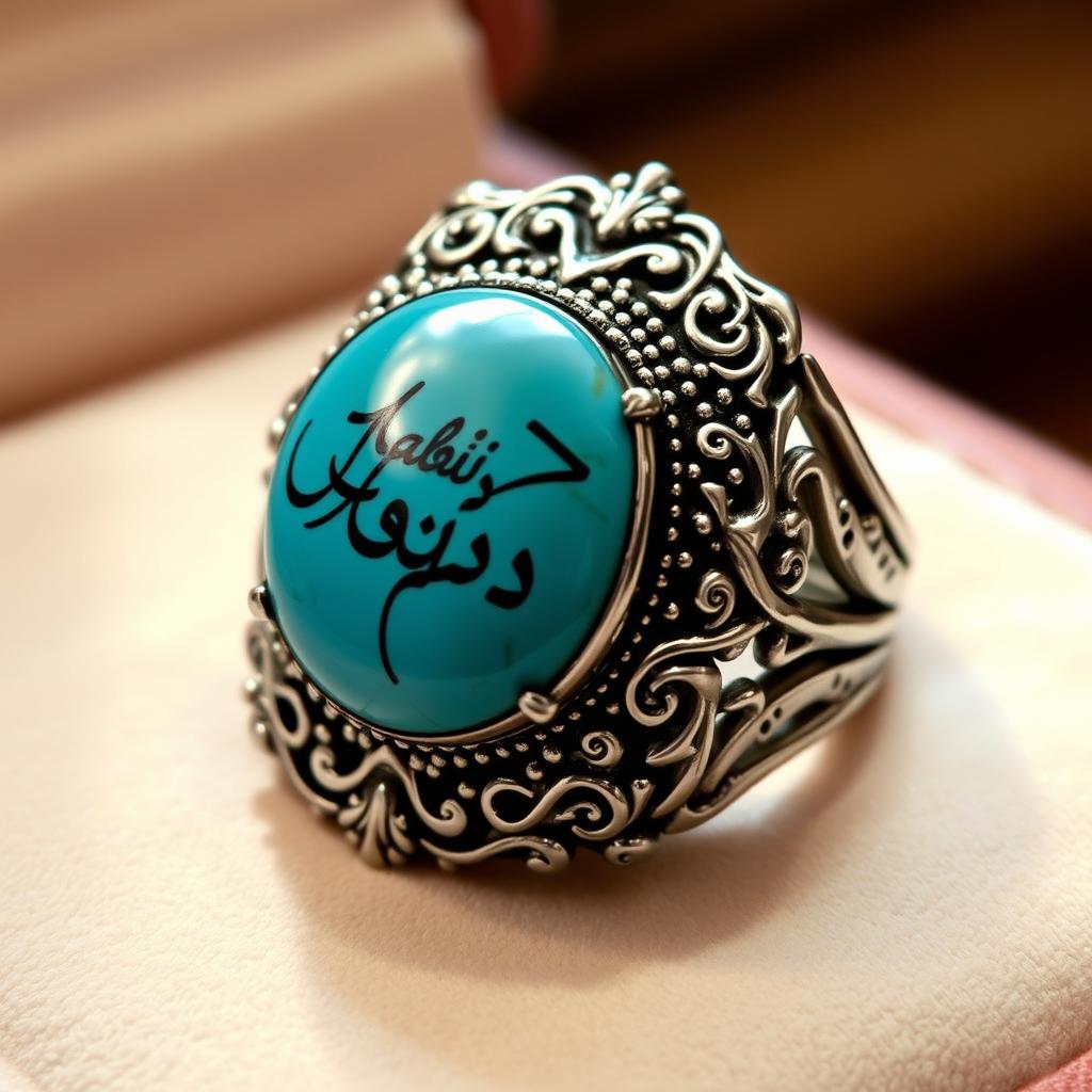 A beautifully crafted turquoise ring featuring intricate detailing and the engraved names 'Habib' and 'Hussein' in elegant calligraphy