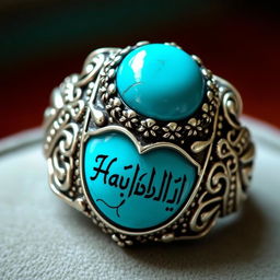 A beautifully crafted turquoise ring featuring intricate detailing and the engraved names 'Habib' and 'Hussein' in elegant calligraphy