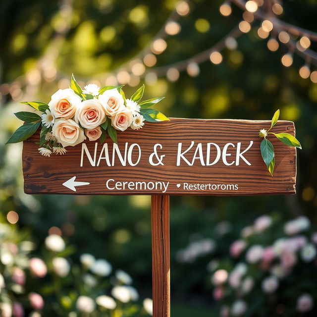 A beautifully designed wedding directional sign for NANO and KADEK, featuring elegant calligraphy on a rustic wooden board