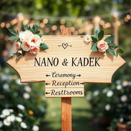 A beautifully designed wedding directional sign for NANO and KADEK, featuring elegant calligraphy on a rustic wooden board