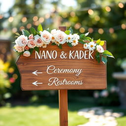 A beautifully designed wedding directional sign for NANO and KADEK, featuring elegant calligraphy on a rustic wooden board