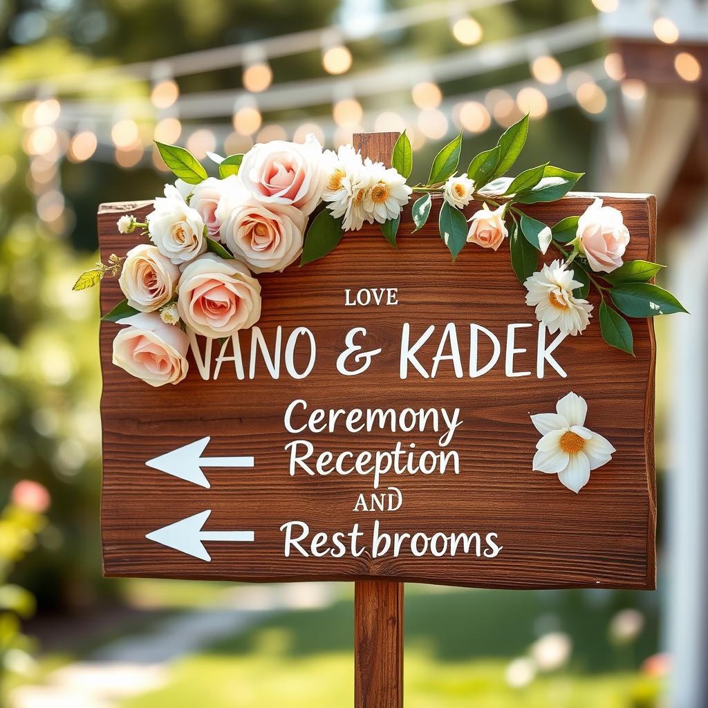 A beautifully designed wedding directional sign for NANO and KADEK, featuring elegant calligraphy on a rustic wooden board