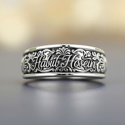 A beautifully crafted ring featuring intricate designs and the engraved name 'Habib Hosein' in elegant calligraphy
