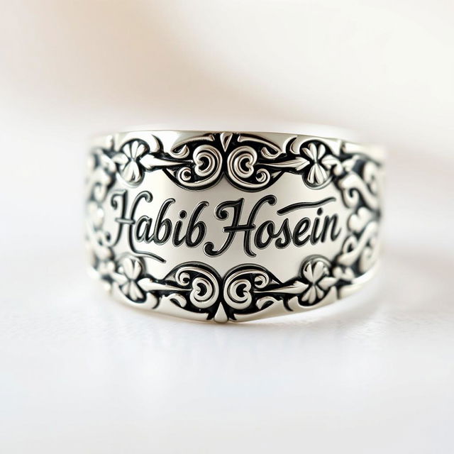 A beautifully crafted ring featuring intricate designs and the engraved name 'Habib Hosein' in elegant calligraphy