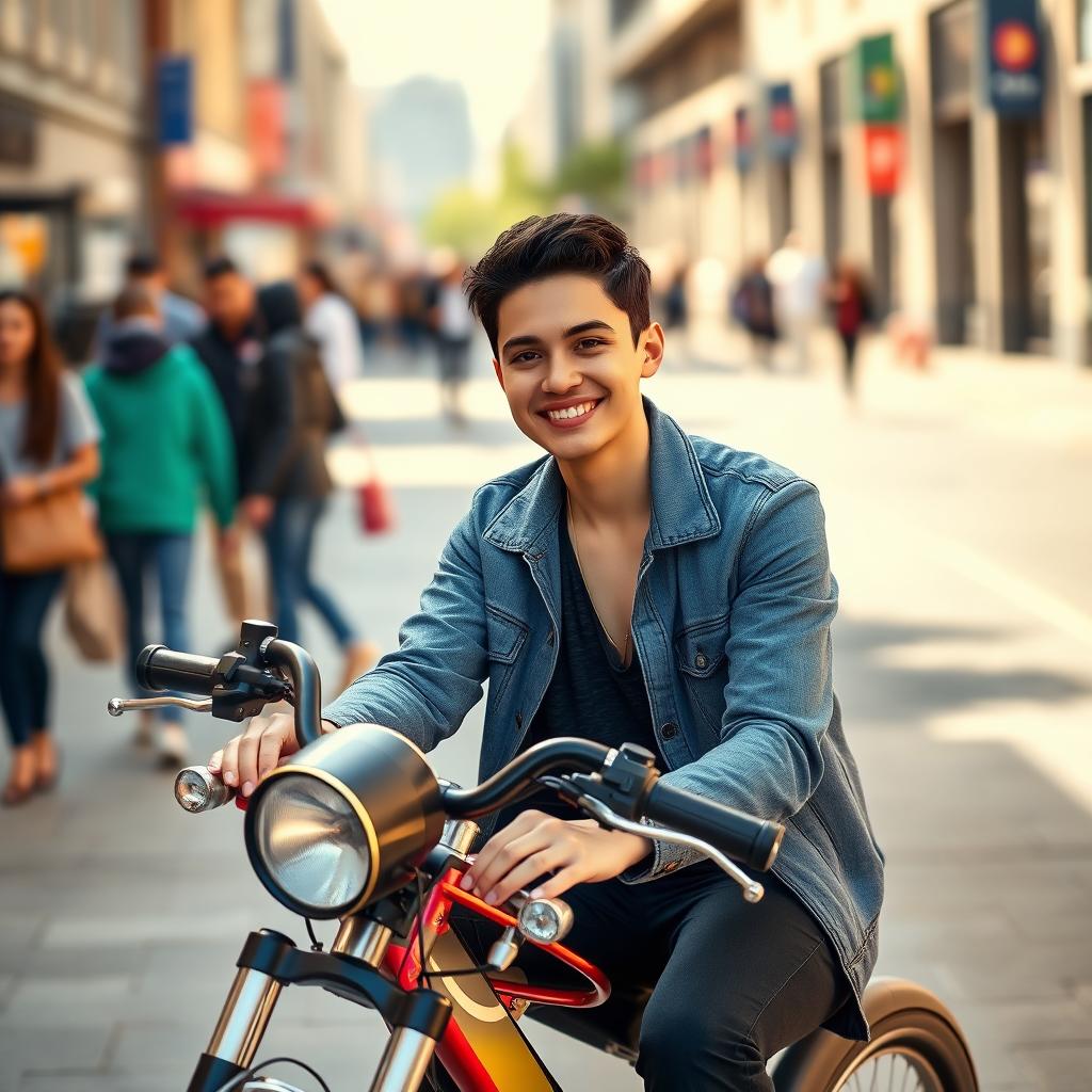 A person sitting on a sleek, stylish bike in an urban setting, the face of the individual perfectly matching the provided reference image