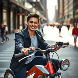 A person sitting on a sleek, stylish bike in an urban setting, the face of the individual perfectly matching the provided reference image
