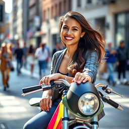 A person sitting on a sleek, stylish bike in an urban setting, the face of the individual perfectly matching the provided reference image