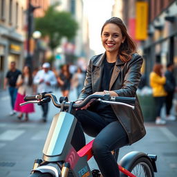 A person sitting on a sleek, stylish bike in an urban setting, the face of the individual perfectly matching the provided reference image