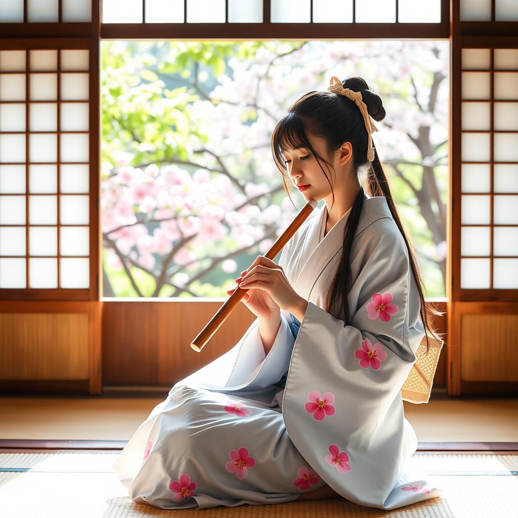 A young Japanese woman with long black hair tied in a ribbon, wearing a traditional light blue kimono decorated with a pink cherry blossom motif