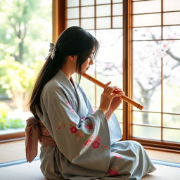 A young Japanese woman with long black hair tied in a ribbon, wearing a traditional light blue kimono decorated with a pink cherry blossom motif