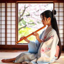 A young Japanese woman with long black hair tied in a ribbon, wearing a traditional light blue kimono decorated with a pink cherry blossom motif