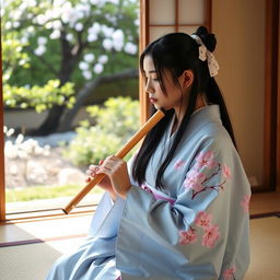 A young Japanese woman with long black hair tied in a ribbon, wearing a traditional light blue kimono decorated with a pink cherry blossom motif
