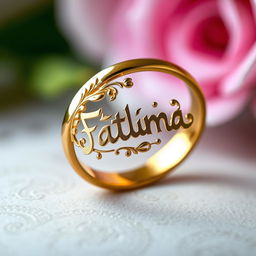 A beautifully crafted ring featuring the intricately engraved name 'Fatima' in elegant Arabic calligraphy, surrounded by delicate floral motifs