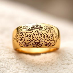 A beautifully crafted ring featuring the intricately engraved name 'Fatima' in elegant Arabic calligraphy, surrounded by delicate floral motifs