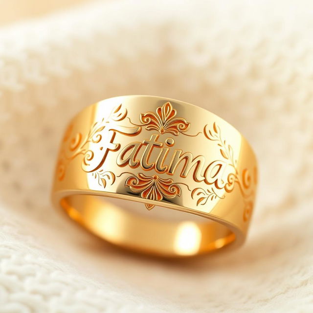 A beautifully crafted ring featuring the intricately engraved name 'Fatima' in elegant Arabic calligraphy, surrounded by delicate floral motifs