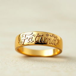 A beautifully crafted ring featuring the intricately engraved name 'Fatima' in elegant Arabic calligraphy, surrounded by delicate floral motifs
