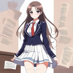 An expertly crafted digital art image showcasing a teenage girl in a school uniform, with a notably curvy figure