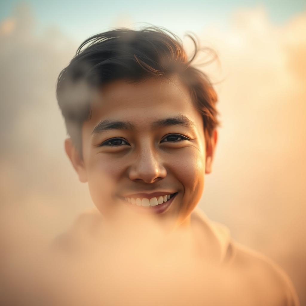 A close-up portrait of an individual with an engaging smile, framed in a mystical, foggy landscape