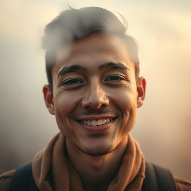 A close-up portrait of an individual with an engaging smile, framed in a mystical, foggy landscape