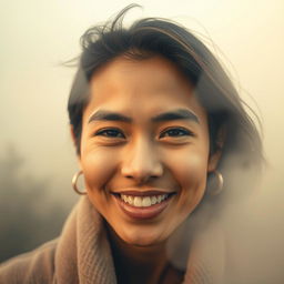 A close-up portrait of an individual with an engaging smile, framed in a mystical, foggy landscape