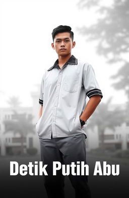 A poster titled 'Detik Putih Abu', featuring one man dressed in a high school uniform, standing confidently against a blurred school background