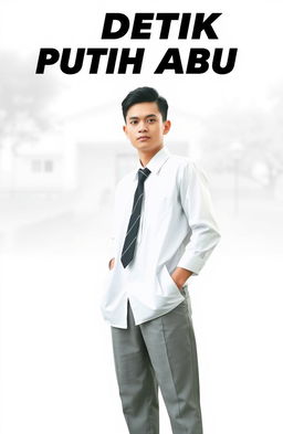 A poster titled 'Detik Putih Abu', featuring one man dressed in a high school uniform, standing confidently against a blurred school background