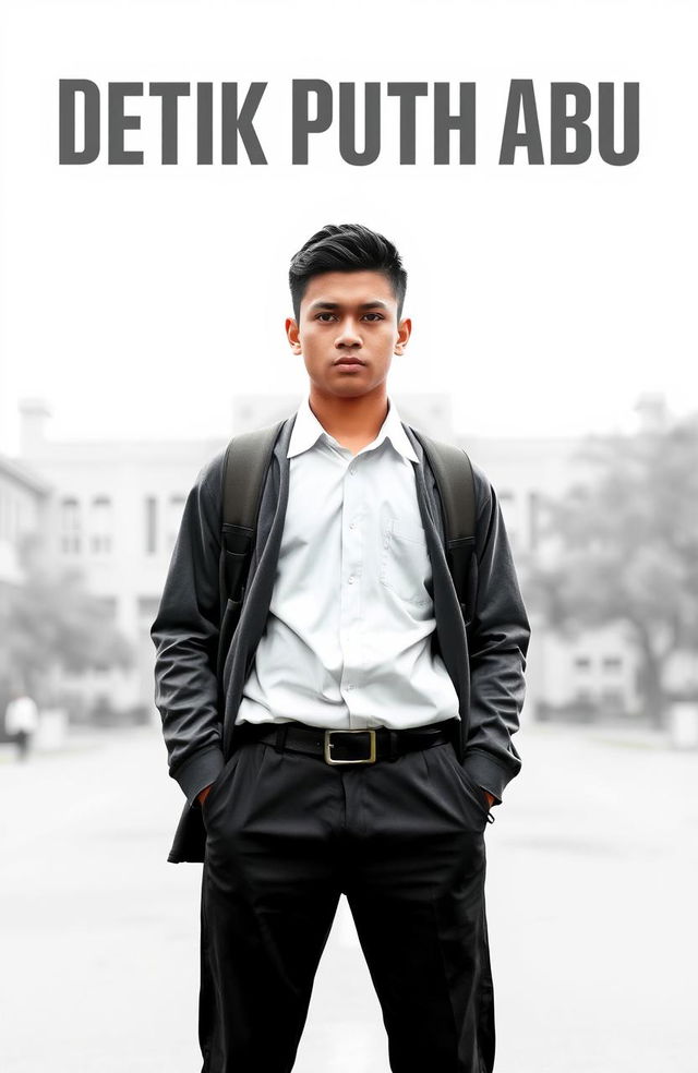 A poster titled 'Detik Putih Abu', featuring one man dressed in a high school uniform, standing confidently against a blurred school background