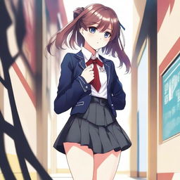 An expertly crafted digital art image showcasing a teenage girl in a school uniform, with a notably curvy figure