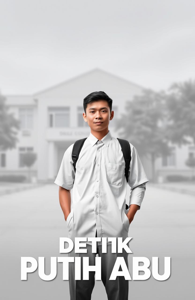 A poster titled 'Detik Putih Abu', featuring one man dressed in a high school uniform, standing confidently against a blurred school background