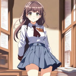 An expertly crafted digital art image showcasing a teenage girl in a school uniform, with a notably curvy figure